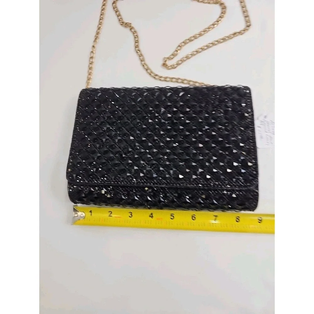 Vtg Black Evening Crossbody Bag Beaded Diamond‎ Shaped Overlay